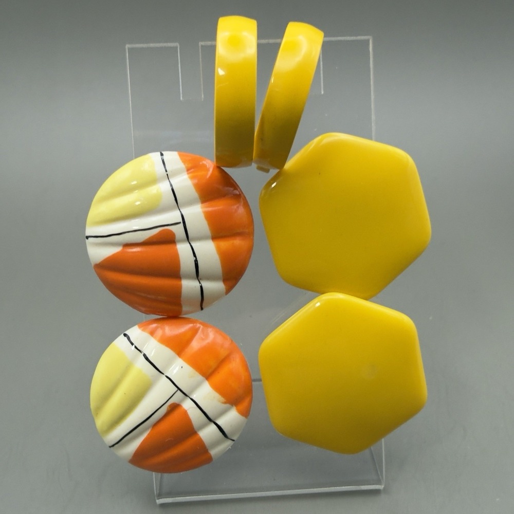 Vintage Clip On Earrings Lot Yellow Orange Mod Geometric Hoop Retro 80s Discs